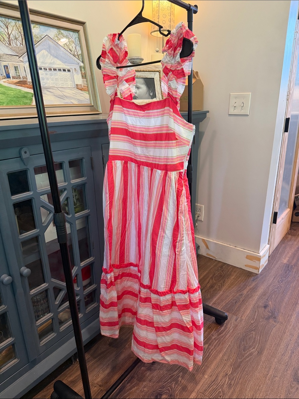 J. Crew Pink & White Striped Ruffle Strap Maxi Dress